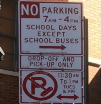 No Parking School days Except School Buses parking sign with Drop off and Pick up only sign, and street cleaning Sign